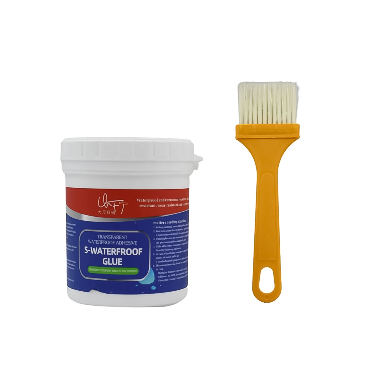 Waterproof sealing glue with brush, perfect for outdoor use on tiles, roofs, and windows. Waterproof sealing glue with brush, perfect for outdoor use on tiles, roofs, and windows.